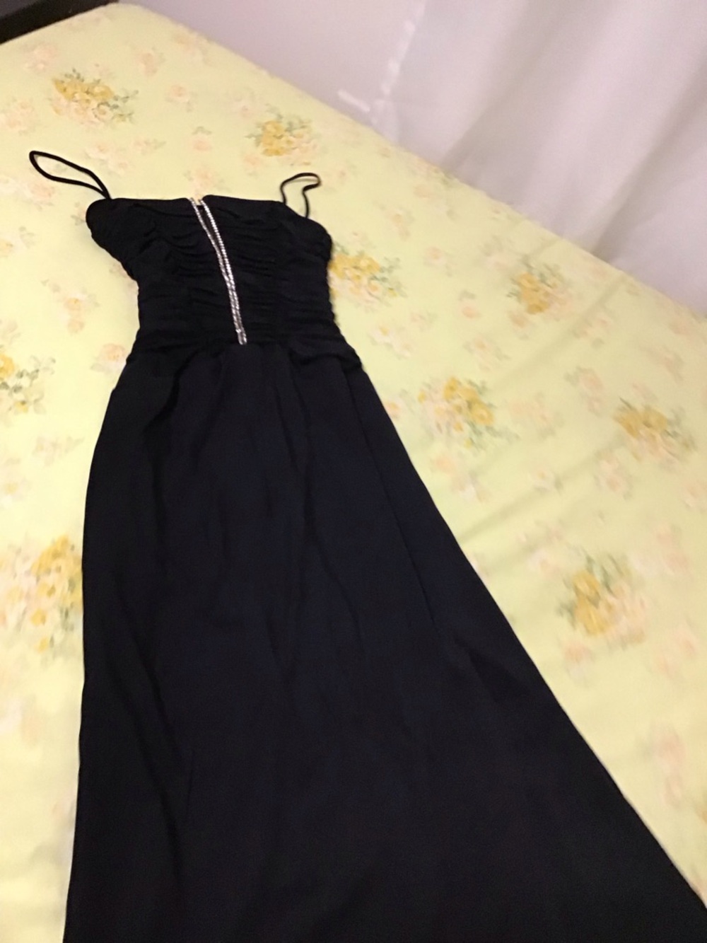 JS Boutique Black Strapless Evening Gown with Center Rhinestone Trim